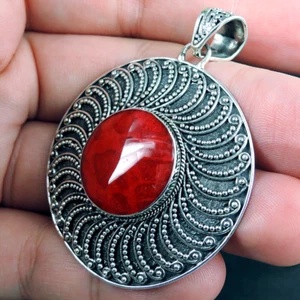 925 Sterling Silver Round Natural Red Coral Pendant Jewellery, Hand Made - Picture 1 of 4