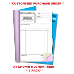 **PERSONALISED** NCR Purchase Order Triplicate Book A4 (210mm x 297mm) 2 PACK - Picture 1 of 4