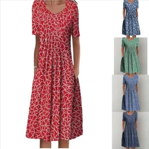 Loose Women Short Sleeve Crew Neck Ladies Floral Pocket Pleated Dress Midi Dress - Picture 1 of 24