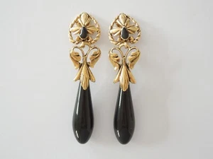 Boucles d'oreilles vintage clips d'oreilles pendentif plastique métal noir 27,5 g/9,2 x 2,1 cm - Photo 1/3