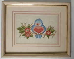 Counted Cross Stitch Blue Bird On Branch Floral Matted and Framed 10.75" X 8.75" - Picture 1 of 7