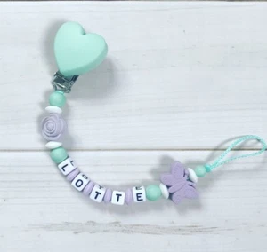 Catenella Ciuccio Fiocco Nuckelkette Beißkette con Nome Lilla Menta Silicone - Bild 1 von 1
