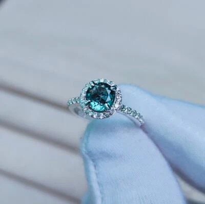 Teal Sapphire Halo Ring, Round Cut Teal Sapphire Ring, 925 Sterling Silver ring - Image 1 of 4