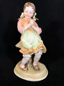 Vintage Lefton Porcelain Bisque Girl with Pigtails Sitting on Tree Stump - Picture 1 of 10