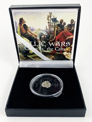 Gallic Wars Julius Caesar vs. Celts Silver Coin w COA Box - Image 1 of 4