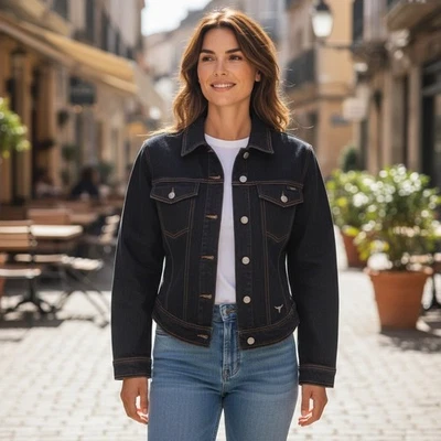 De Colección Sergio Valente Mujer Chaqueta Denim Lavado Oscuro Camionero Costuras en Contraste Med Foto 1 de 4