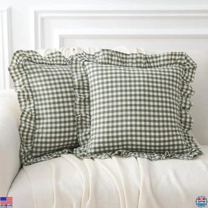 2 Pack Sage Green Plaid Ruffle Throw Pillow Covers 18"x18" Cotton Farmhouse - Picture 1 of 6
