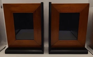 Set of 2-Tone Teak & Black Wood Bookends Photo Picture Frames Glass Panels - Picture 1 of 7