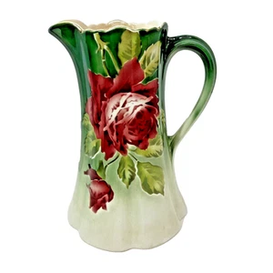 Antique Societe Ceramique Maesdricht Made in Holland Rose Floral Pitcher Green - Picture 1 of 11
