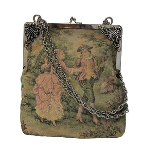 Vtg 50's Antique Tapestry Purse Victorian COURTING COUPLE Kiss Lock Chain Bag - Picture 1 of 9