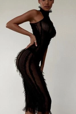 Roberta Einer Angel Midi Fringed Mesh Bodycon Dress Size XS S Black - Image 1 of 4