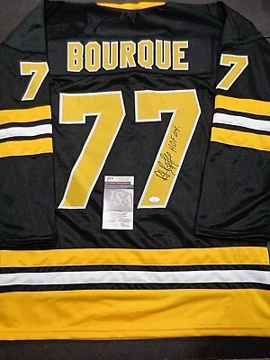 Ray Bourque Boston Bruins Autographed INSCRIB HOF 04 Black Style Jersey XL JSA - Image 1 of 3