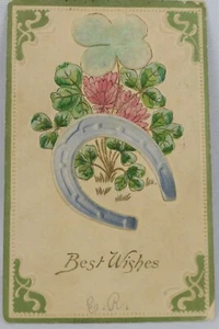 Cira 1910 Shamrock, Horseshoe Best Wishes Card, Embossed - Imagen 1 de 2