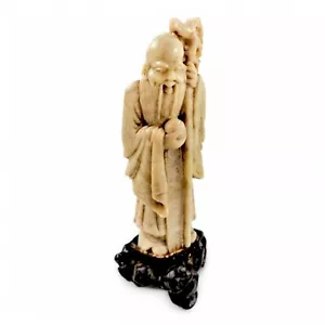 Antik Chinesisch Geschnitzte Speckstein Figur Of Shou (壽) Mit Kürbis & Pfirsich - Picture 1 of 16