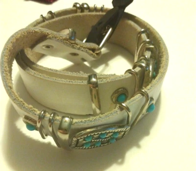 Leather Belt Turquoise Colored Beads White And Metal Accents Cottage Core Turkey - Image 1 of 4