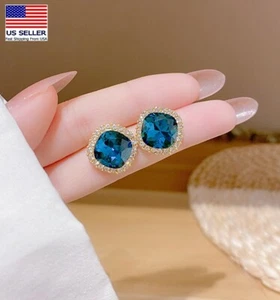 Women 925 Sterling Silver Earrings Studs Retro Blue Crystal French Style 0082 - Picture 1 of 5