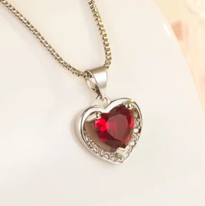 925 Sterling Silver Red Crystal CZ Heart Pendant Necklace 18" Chain Gift Box J15 - Picture 1 of 5