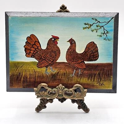 Hand-Painted Red Rooster & Chicken Farmhouse Wall Art - 5x7 Wood Artist Signed - Image 1 of 4