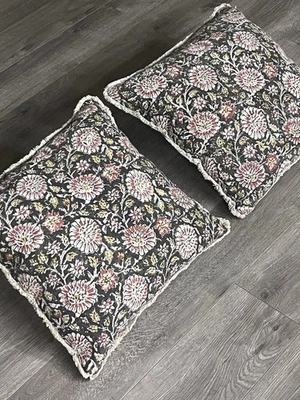 Set Of 2 World Market Linen Cotton Floral Block Print Pillow Cover & Insert 18” - Image 1 of 4