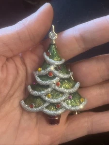 RHINESTONE CHRISTMAS TREE PIN ENAMEL BROOCH HOLIDAY SILVER JEWELRY - Picture 1 of 4