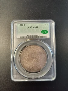 1880 S CAC MS63 Morgan Silver Dollar $1 US Mint Coin 1880-S MS-63 CAC - Foto 1 di 4