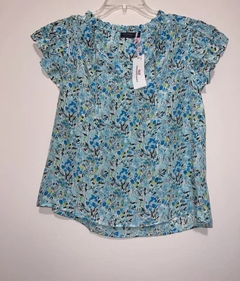 Top de mujer Vineyard Vines manga doble con volantes M azul floral pintado tulipanes seda Foto 1 de 4