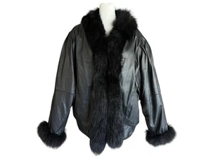Vintage Bruno Giovanni Black Leather & Fox-Fur Jacket Party Coat Sz L 80s Korea - Picture 1 of 13