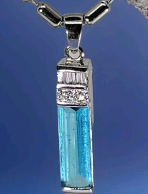 Blue Aquamarine  Diamonds Accents Bar Pendant Necklace 22" Bead Chain Simulated  - Image 1 of 4