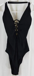 CUPSHE Women's Solid Color V Neck Lace Up One Piece Swimsuit Black Size XS - Picture 1 of 3