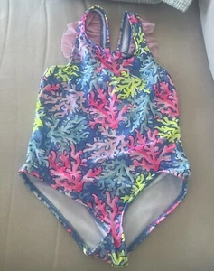 Crown And Ivy Kids Girls 5 Bright Neon 1-Piece Swimsuit Ruffled Straps Bow Back - Picture 1 of 6