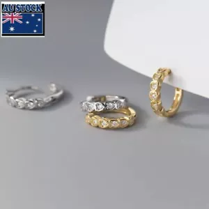 Woman REAL S925 Sterling Silver Heart CZ Cute Huggie Hoop Earring Clip - Picture 1 of 7