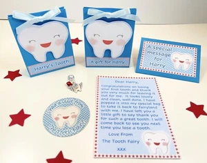 Personalisierte Zahnfee Brief und Geschenk, Geschenktüten, Aufkleber, erster Zahn, blau - Bild 1 von 6