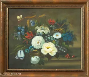 Beautiful Vintage Oil Painting of Floral Still Life Wove Basket with Butterfly - Picture 1 of 8