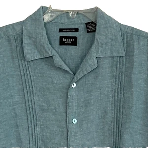 Linen Haggar Mens Shirt large Blue Washable Short Sleeve Button Up Vacation D1 - Picture 1 of 10