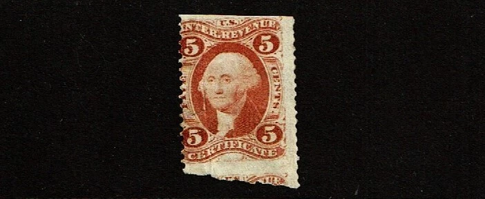 1862-71 Revenue1st Issue GWash 5c Red CERTIFICATE P-Perf Sc#R24b Unused See Note - Image 1 of 1