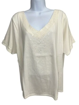 Top Linea By Louis Dell'Olia 3X Blanco Algodón Nylon Tejido Lentejuelas Manga Corta Foto 1 de 3