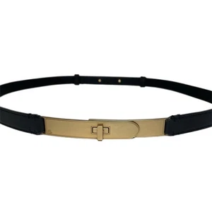 Lauren Ralph Lauren Women’s Turn-Lock Leather Skinny Belt Sz 2X Black/Gold - Picture 1 of 8