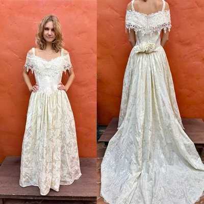 Vintage 1980s Jessica McClintock Wedding  White Dress Train Victorian Bustle - Image 1 of 4