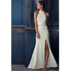 BHLDN | Anthropologie Juliana High Neck Side Slit Stretch Crepe Maxi Dress Sz 6 - Picture 1 of 14