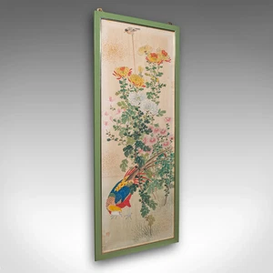 4' Tall Vintage Wall Panel, Oriental, Watercolour on Silk, Framed Art, Art Deco - Picture 1 of 12