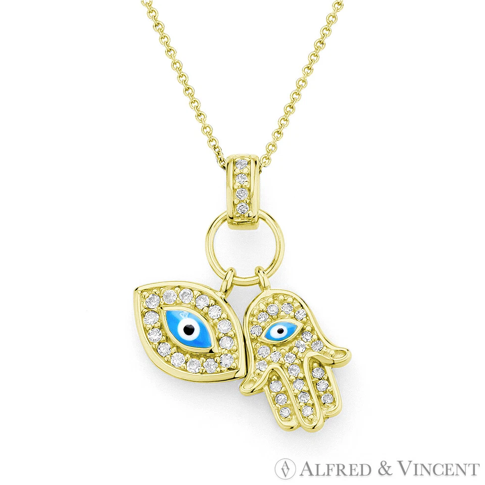 Evil Eye Hamsa Hand of Fatima Charm .925 Sterling Silver 14k Gold-Plated Pendant - Bild 1 von 1