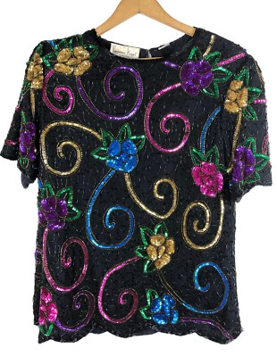 Camisa Top Vintage Años 80 Laurence Kazar Lentejuelas Cuentas Negro Seda Noche Fiesta M Foto 1 de 4