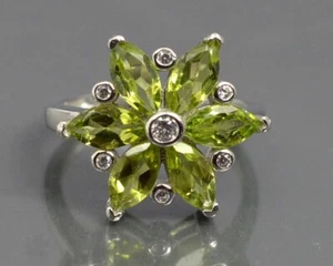 925 Sterling Silver Peridot Marquise Cut Gemstone Cluster Ring Anniversary Ring - Picture 1 of 10