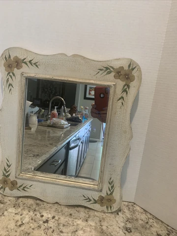 Vintage Square Shabby Chic Wood Mirror Painted Yellow Flowers Country Home Decor Cover