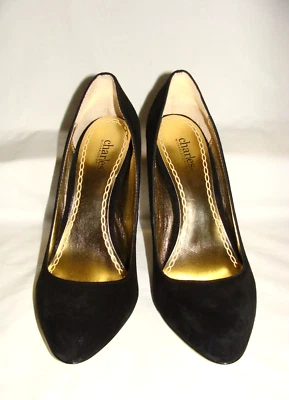 Zapatos de tacón de aguja Charles By Charles David de gamuza negra con suela metálica dorada!  9,5 B Foto 1 de 4