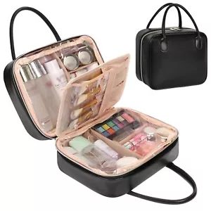 Large Capacity Travel Makeup Bag Portable Waterproof Organizer W/ Dividers Black - Picture 1 of 9