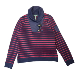 Lauren Ralph Lauren Navy Blue Red Striped Shawl Neck Toggle Top Pullover Large L - Picture 1 of 7