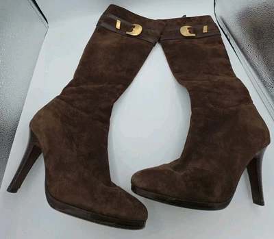 Cole Haan NikeAir Nicole Marrón Gamuza Stiletto Botas hasta la Rodilla Hebilla Dorada Para Mujer 11B Foto 1 de 4