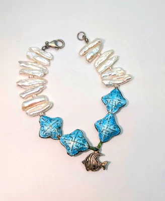 Pulsera Keishi Perla Esmaltada Azul Cuentas Peces Dije 7.5" Cierre Esterlina Océano Foto 1 de 4