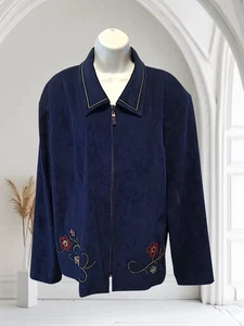 POSITIVE ATTITUDE Sz 22 Navy Blue Zip Suede Floral Embroidered Jacket. NS-10 - Picture 1 of 8